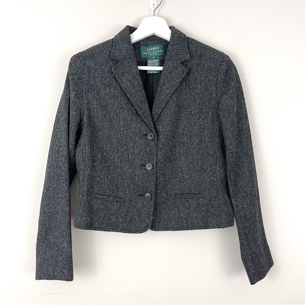 Vintage LAUREN Ralph Lauren 100% Wool Gray Cropped Blazer Jacket Woolmark